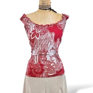 Y2K Womens S Paisley Ruffle Cap Off Shoulder Top Boho Hippie Retro Cottegecore